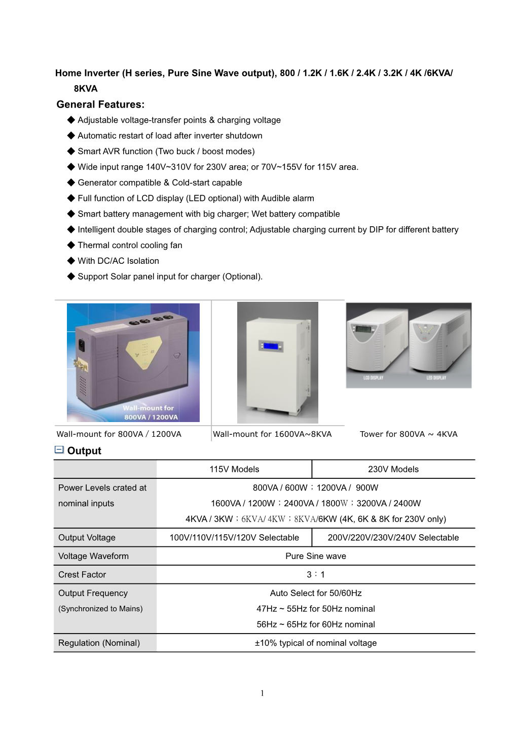 Home Inverter (H Series, Pure Sine Wave Output), 800 / 1