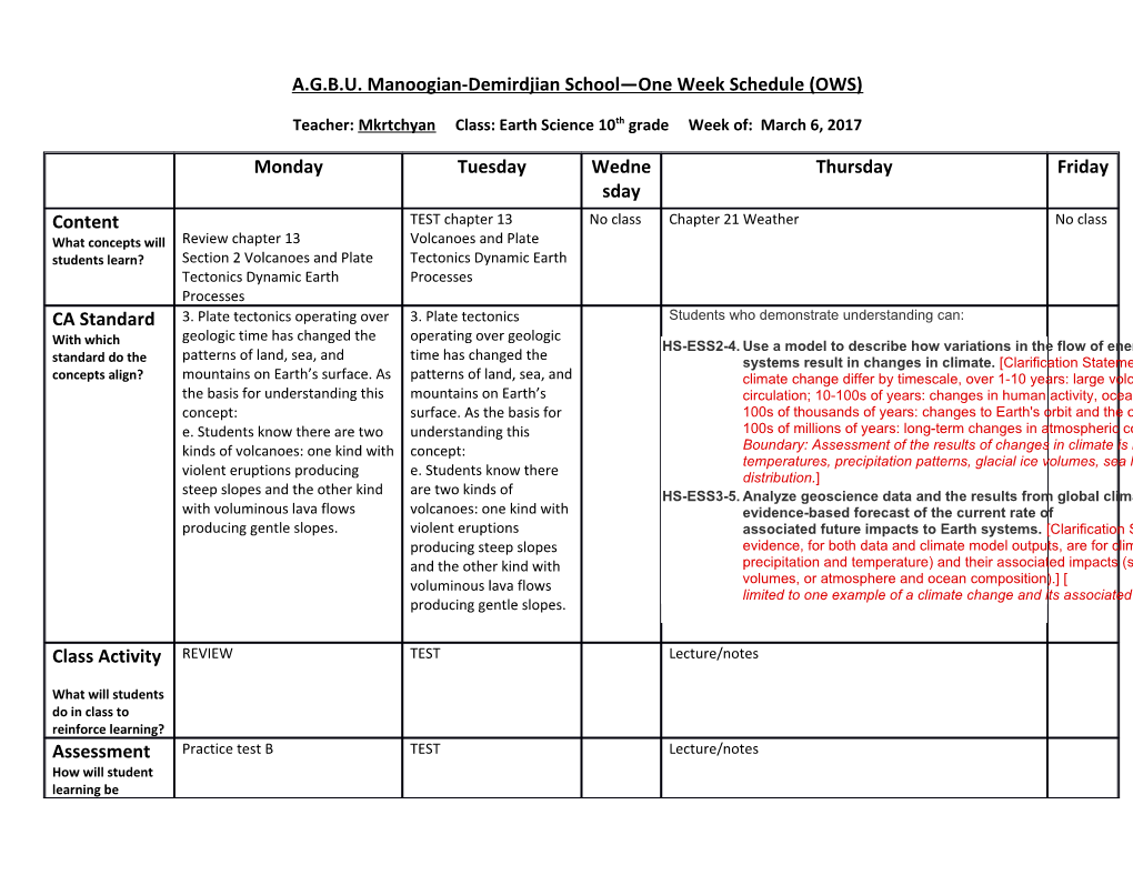 A.G.B.U. Manoogian-Demirdjian School One Week Schedule (OWS) s2
