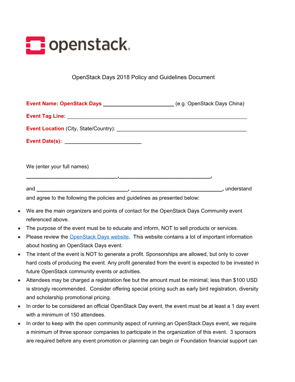 Openstack Days 2018 Policy and Guidelines Document