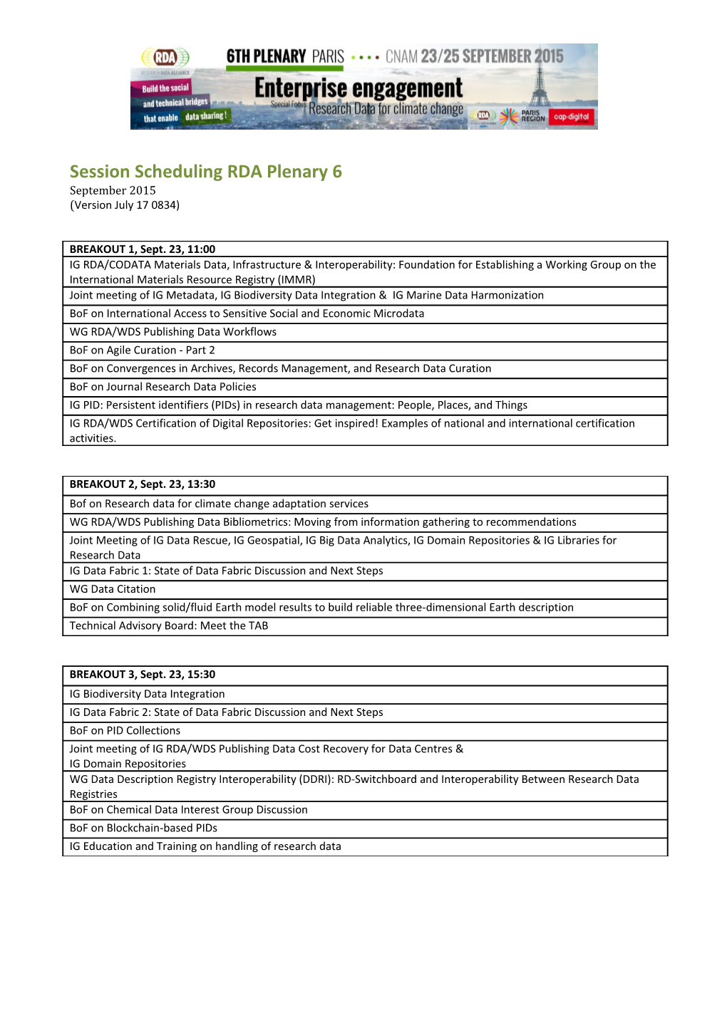 Session Scheduling RDA Plenary 6