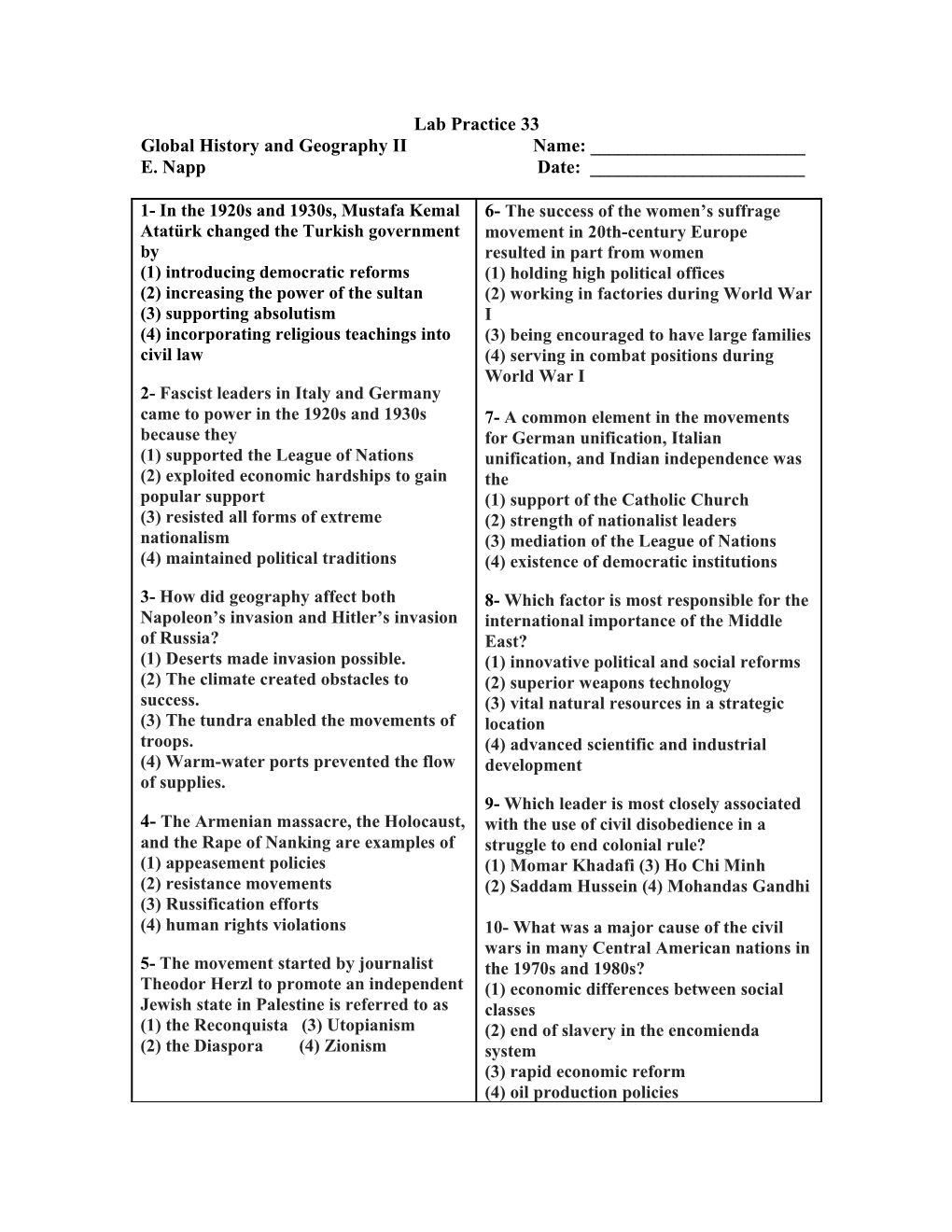 Global History and Geography II Name: ______ s2