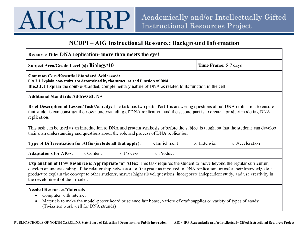 NCDPI AIG Instructional Resource: Background Information s4