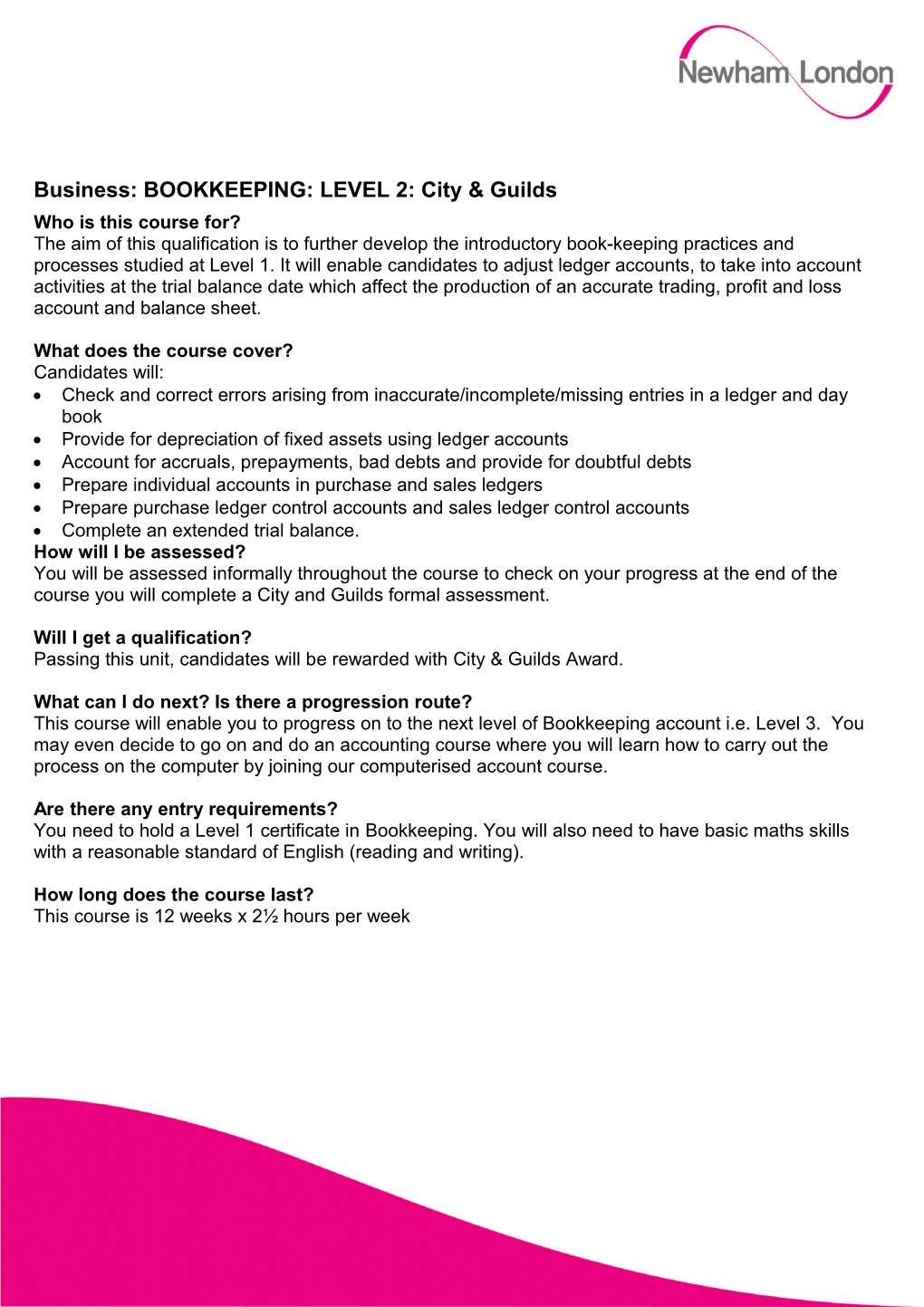 Newham Adult Learning Service - Course Information Sheet s1