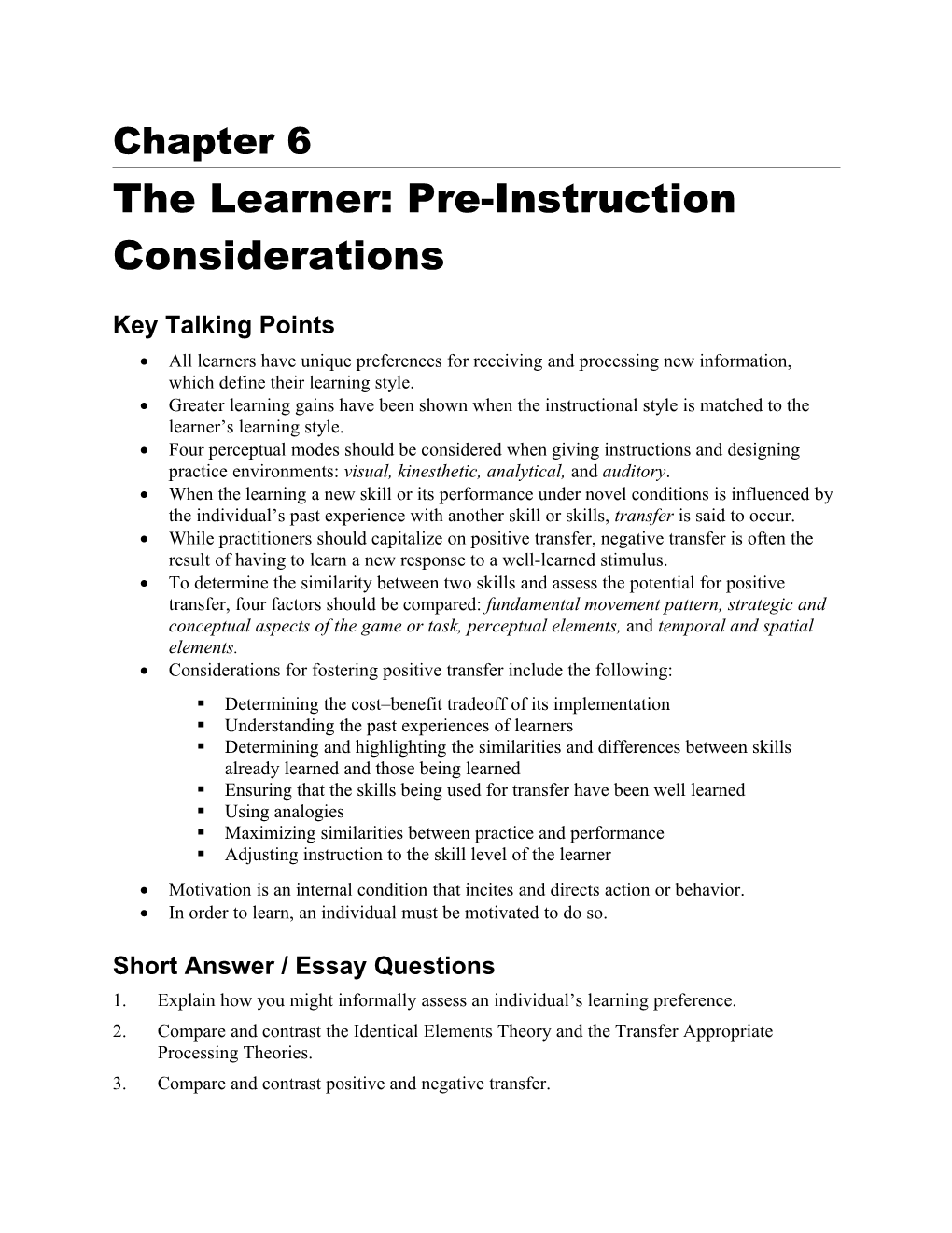 The Learner: Pre-Instruction Considerations