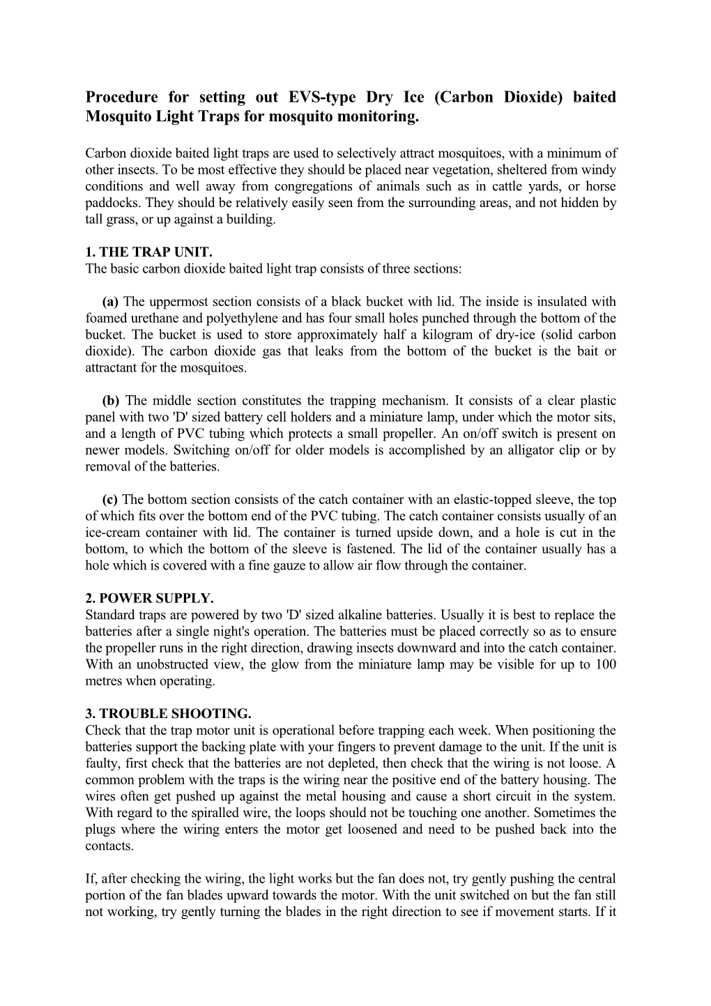 Procedure for Setting out EVS-Type Dry Ice (Carbon Dioxide) Baited Mosquito Light Traps