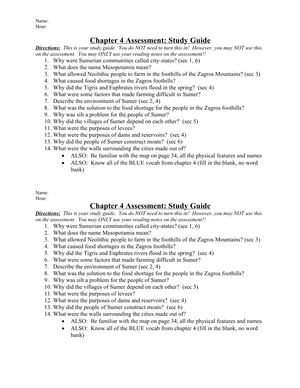 Chapter 4 Assessment: Study Guide