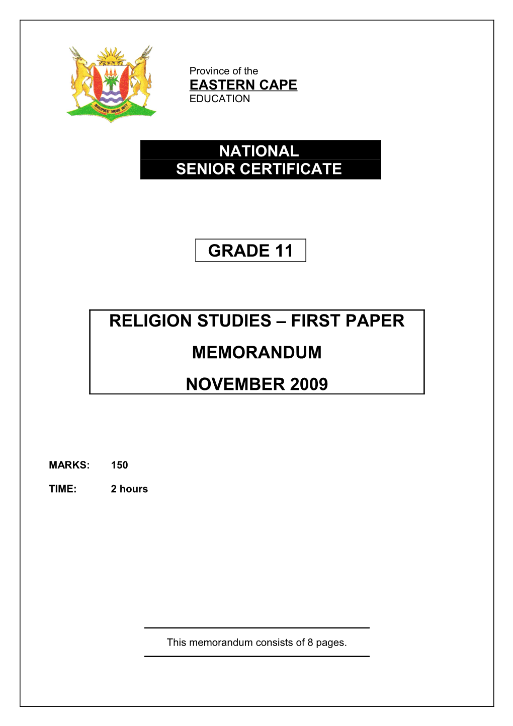 (November 2009) Religion Studies First Paper 7