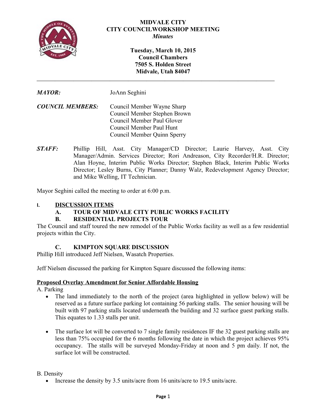 Proceedings of the Midvale City Council Workshop Meeting