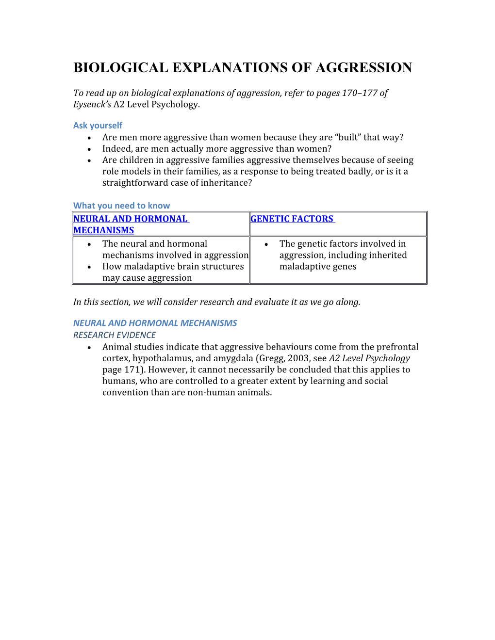 Biological Explanations of Aggression