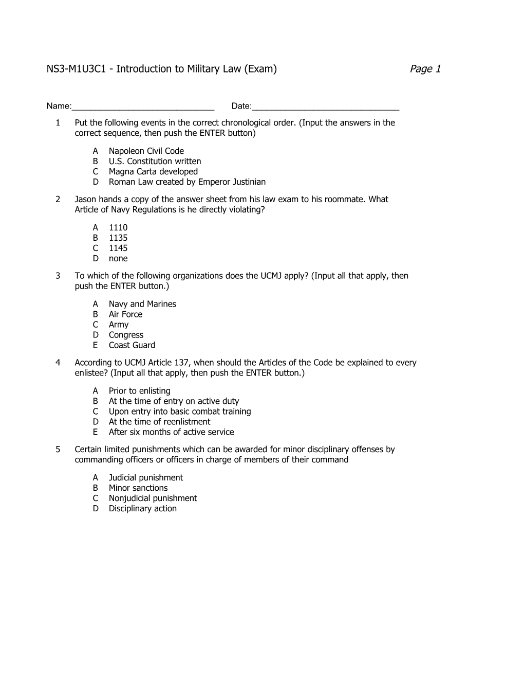 NS3-M1U3C1 - Introduction to Military Law (Exam) Page 1