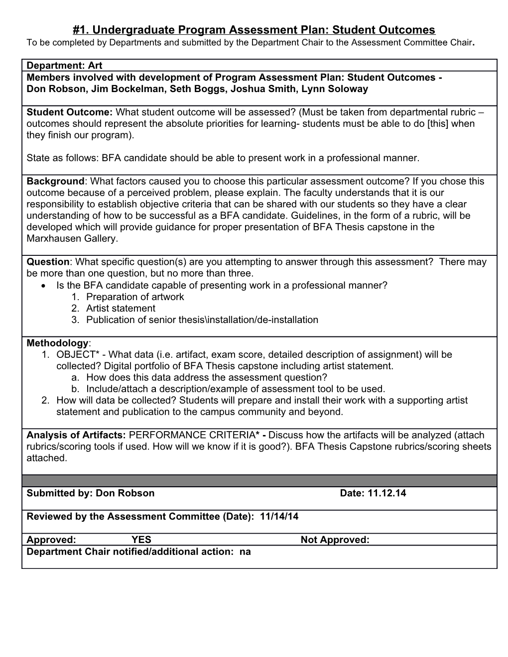 1. Undergraduate Program Assessment Plan: Student Outcomes