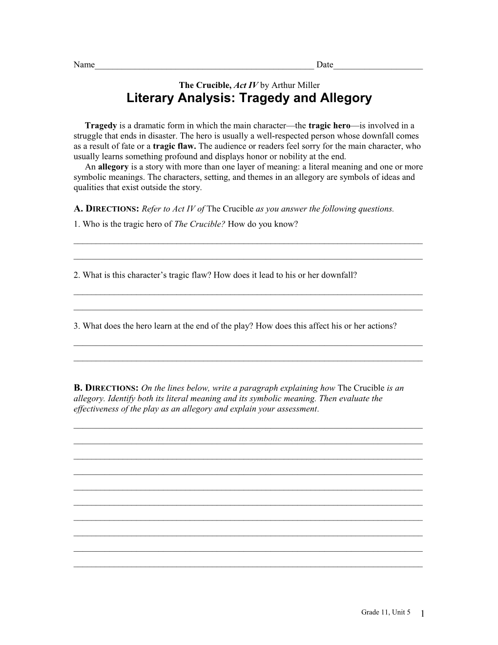 Literary Analysis: Tragedy and Allegory