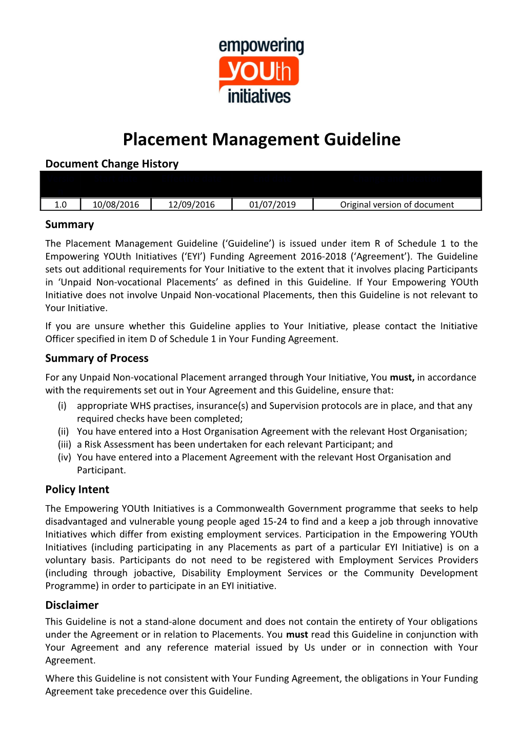 Empowering Youth Initiatives Placement Management Guideline