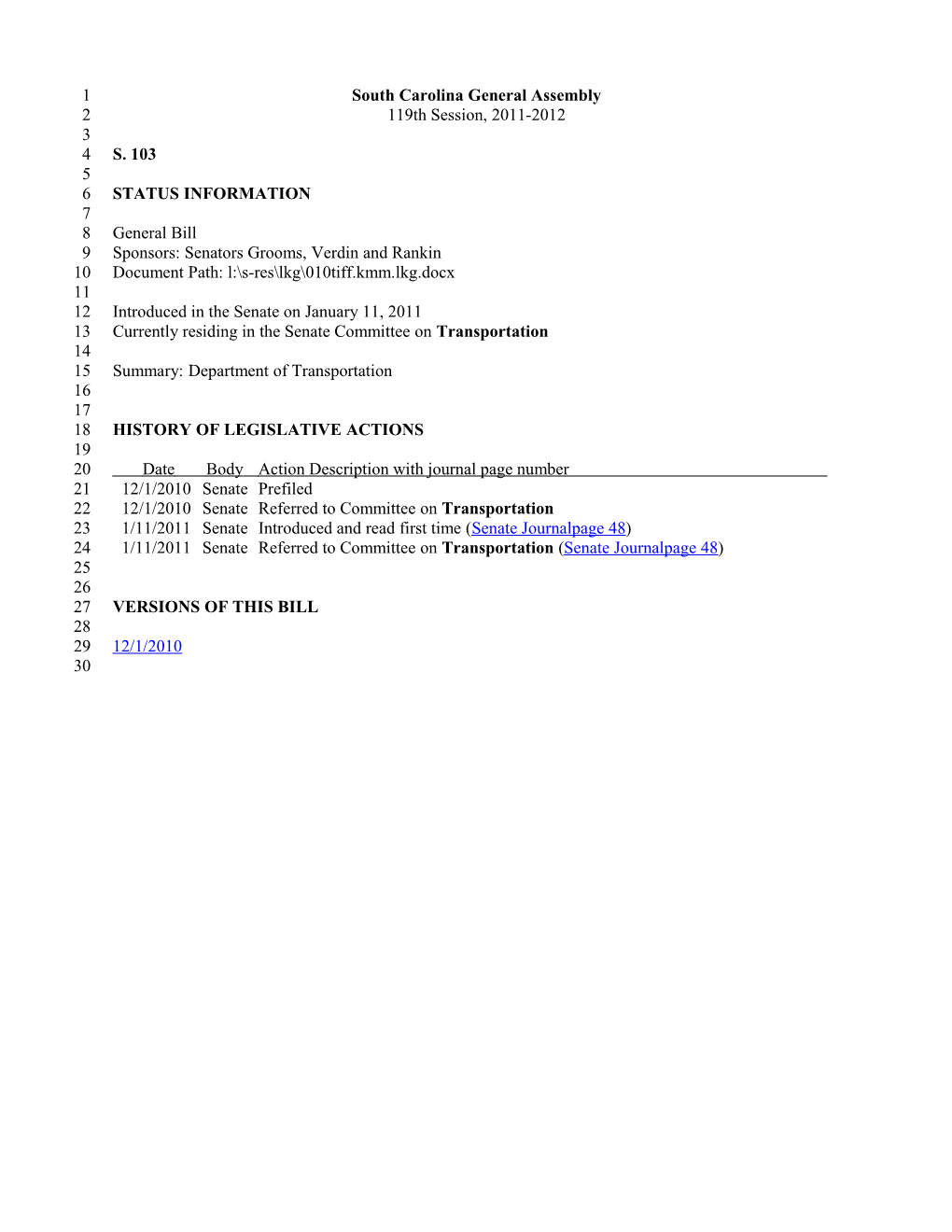2011-2012 Bill 103: Department of Transportation - South Carolina Legislature Online