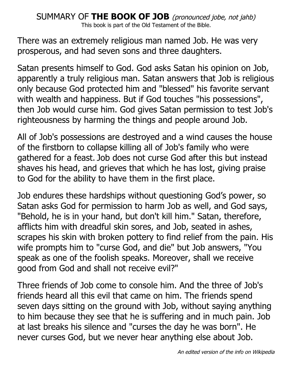 SUMMARY of the BOOK of JOB (Pronounced Jobe, Not Jahb) This Book Is Part of the Old Testament