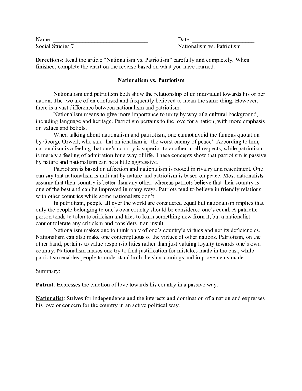 Social Studies 7 Nationalism Vs. Patriotism