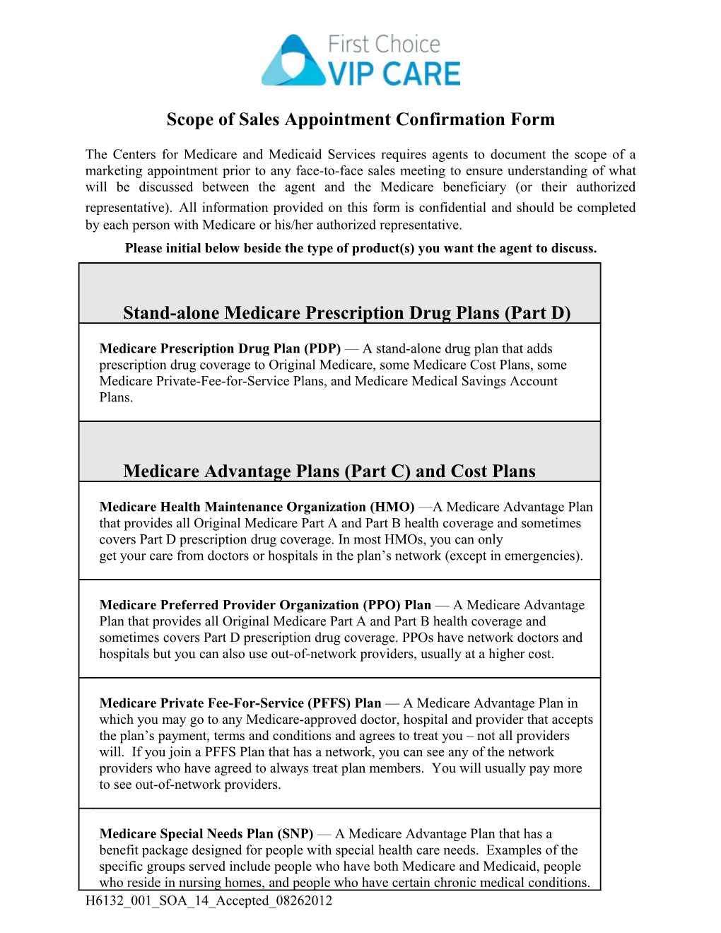 Scope of Sales Appointment Confirmation Form