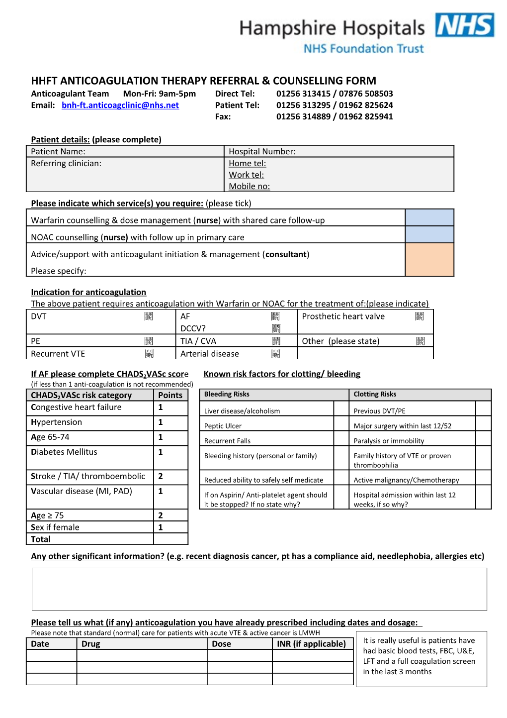 Hhft Anticoagulation Therapy Referral & Counselling Form
