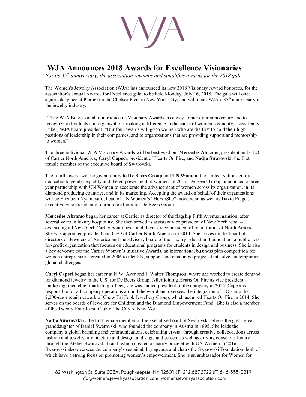 WJA Announces 2018 Awards for Excellence Visio Naries