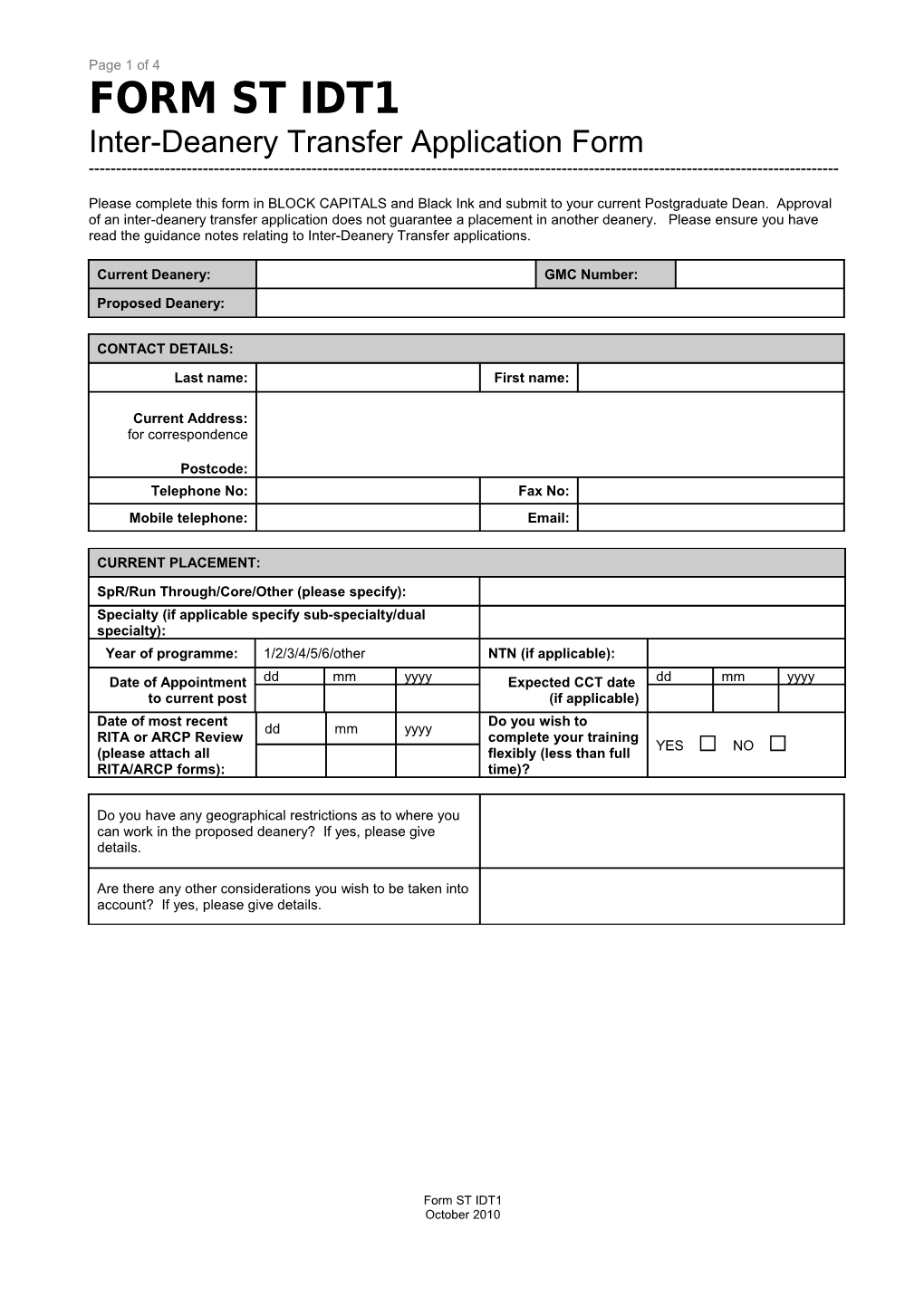 Inter-Deanery Transfer Application Form