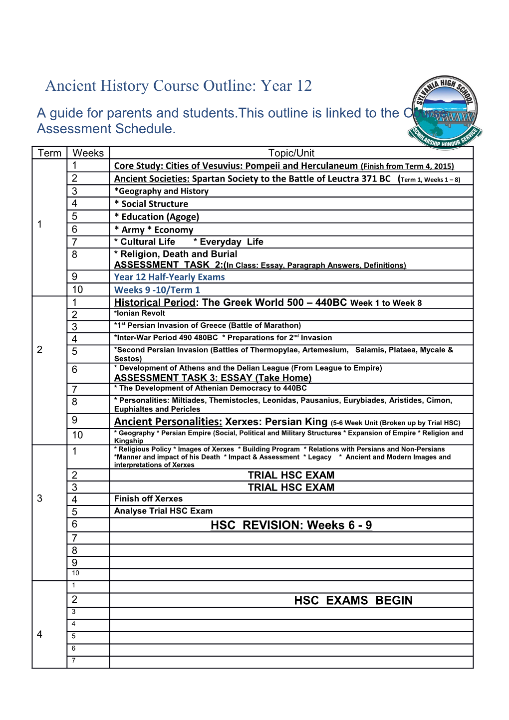 A Guide for Parents and Students. This Outline Is Linked to the Course Assessment Schedule