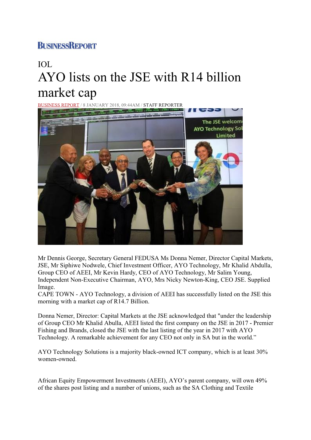 AYO Lists on the JSE with R14 Billion Market Cap