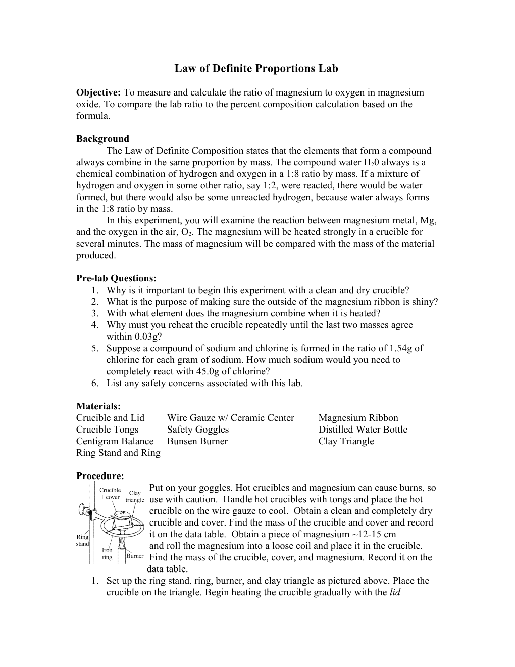 Law of Definite Proportions Lab Report