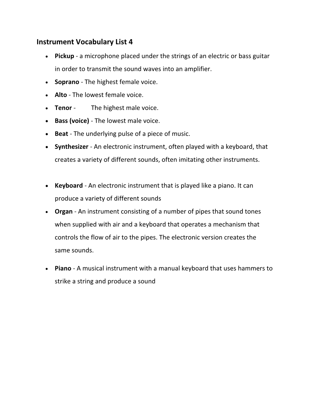 Instrument Vocabulary List 4