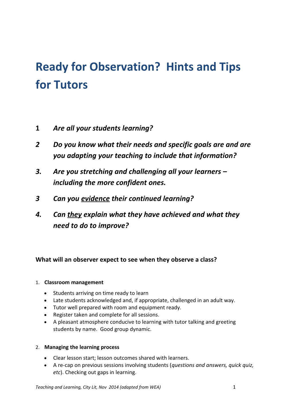 Ready for Observation? Hints and Tips for Tutors