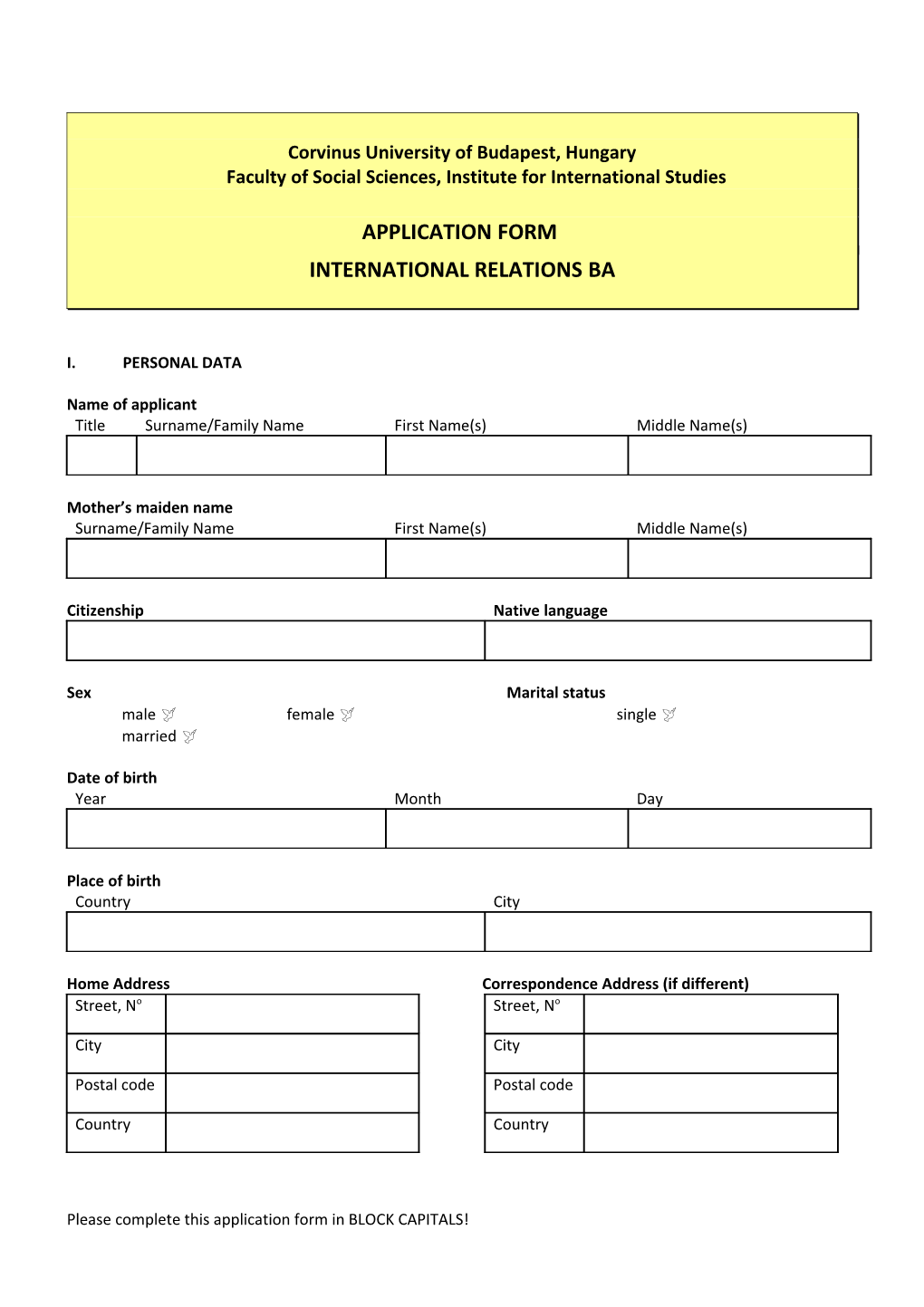 Application Form Corvinus University of Budapest, Hungary