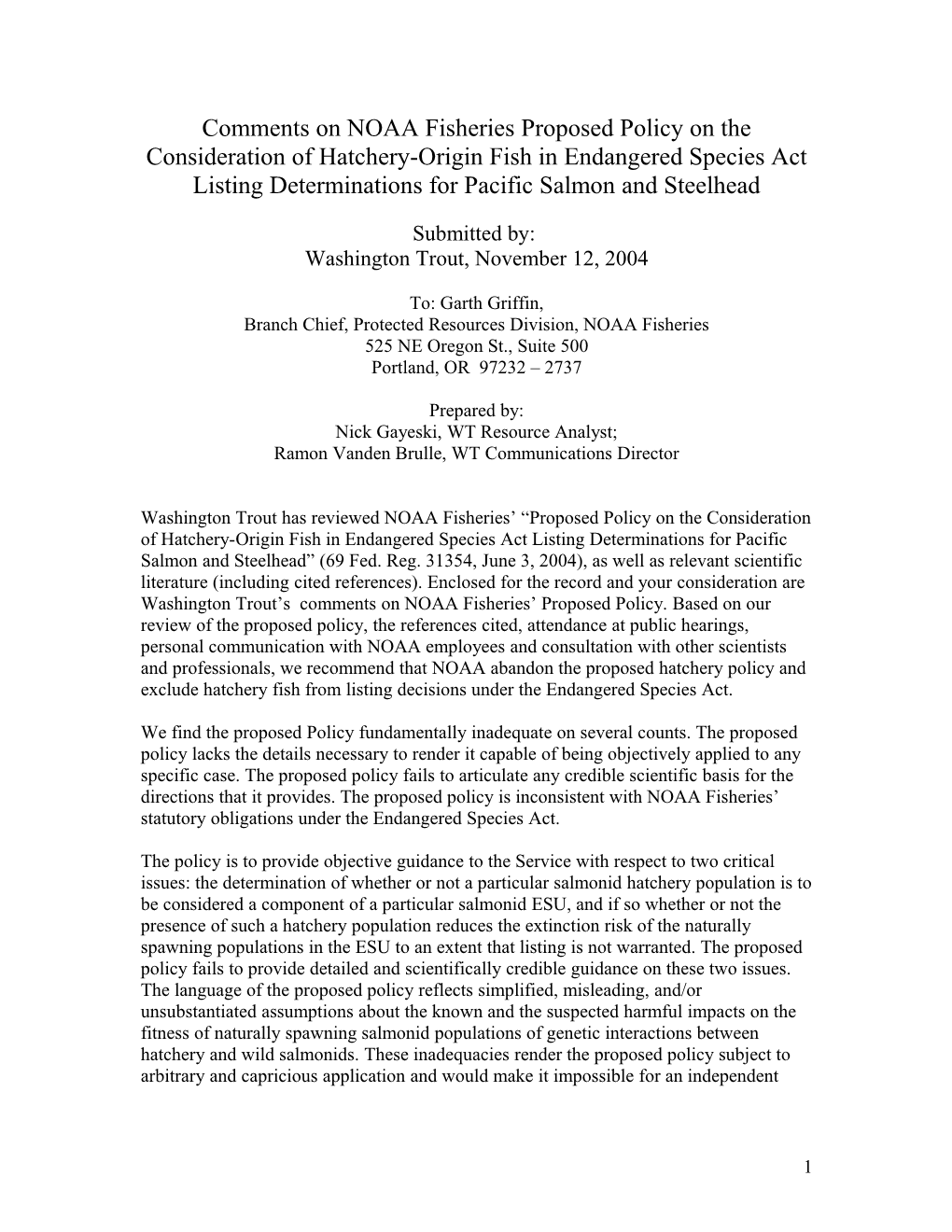 Comments on NOAA Fisheries Proposed Policy on the Consideration of Hatchery-Origin Fish