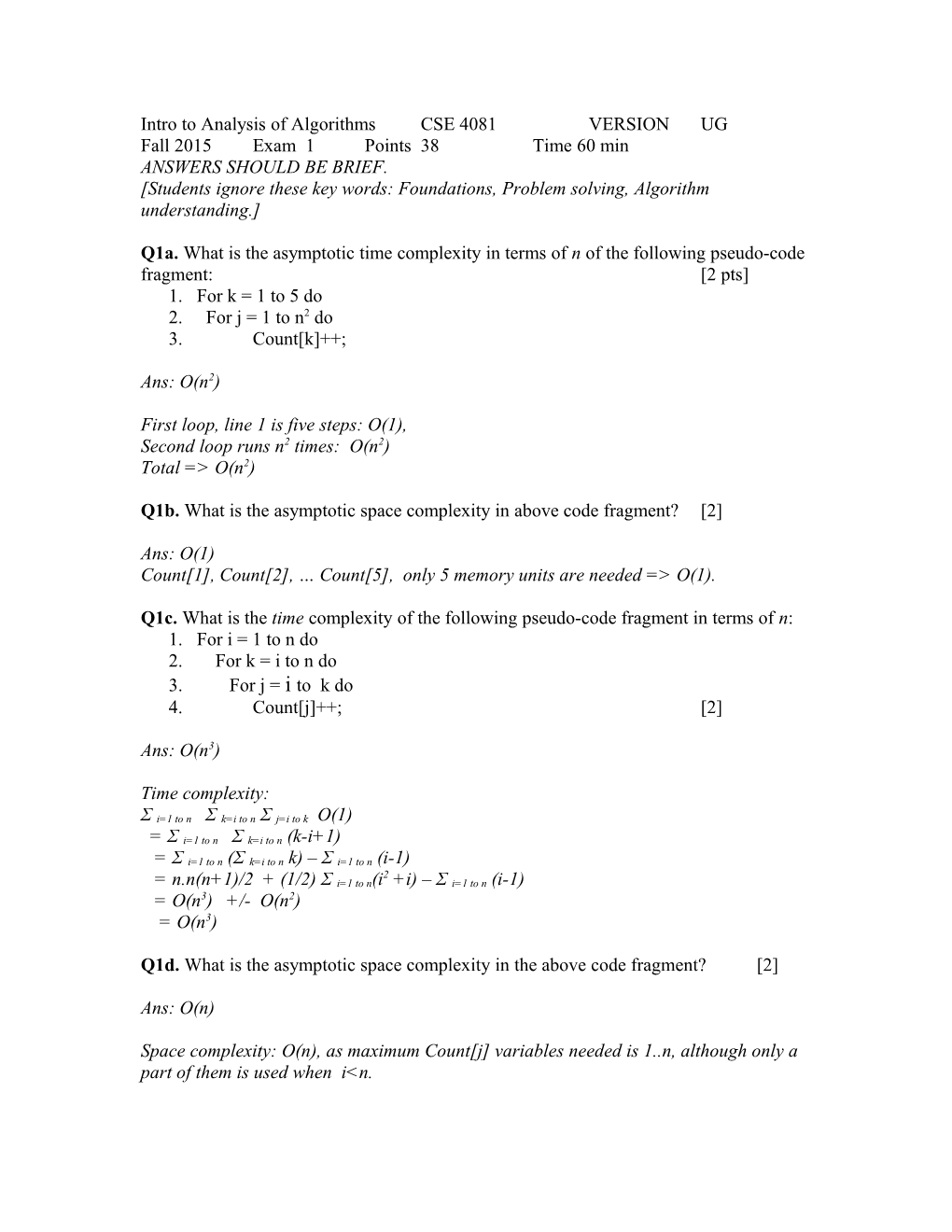 Intro to Analysis of Algorithms CSE 4081 VERSION UG