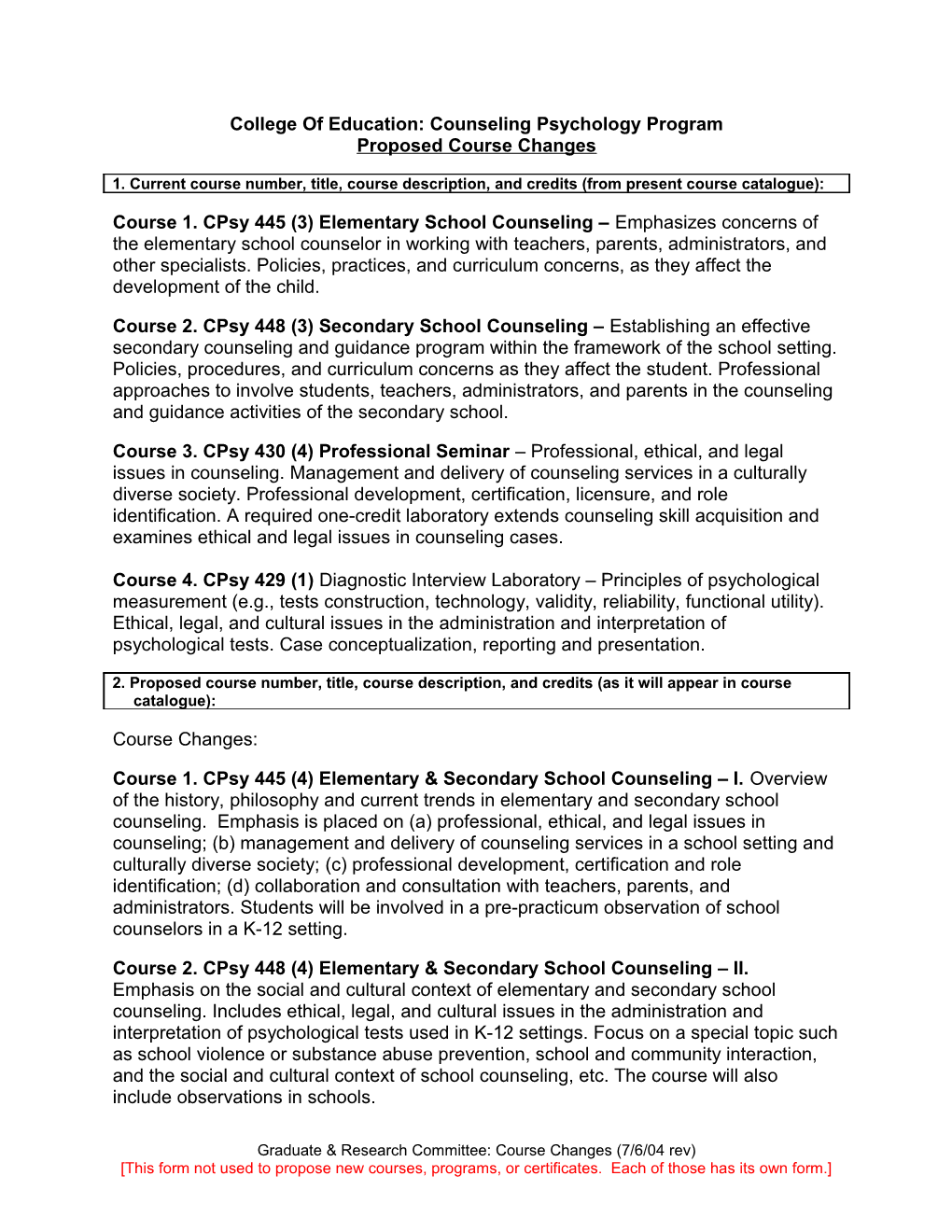 GRC Proposed Course Changes Form (Not for New Courses, New Programs, Or New Certificates)