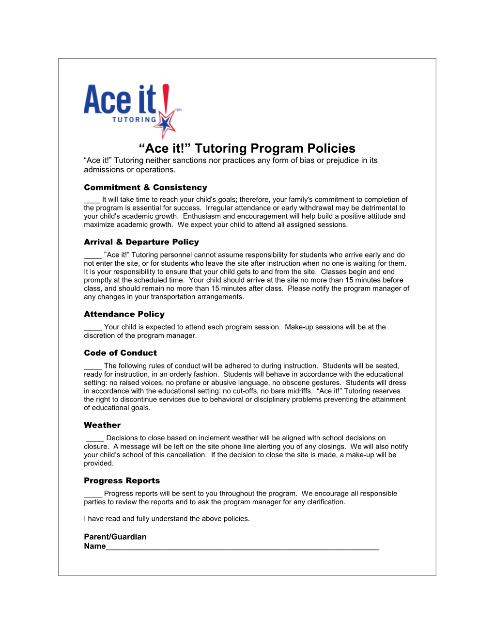 Ace It! Tutoring Program Policies