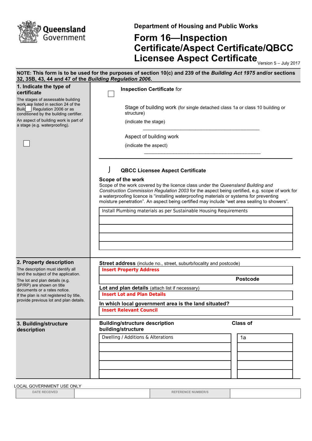 Form16 Inspection Certificate Aspect Certificate QBCC Licensee Aspect Certificate