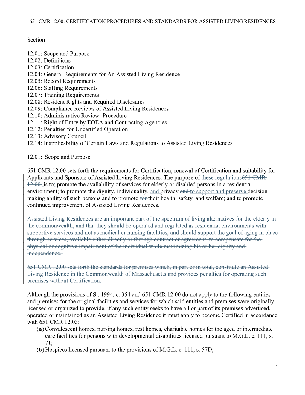 651 Cmr 12.00: Certification Procedures and Standards for Assisted Living Residences