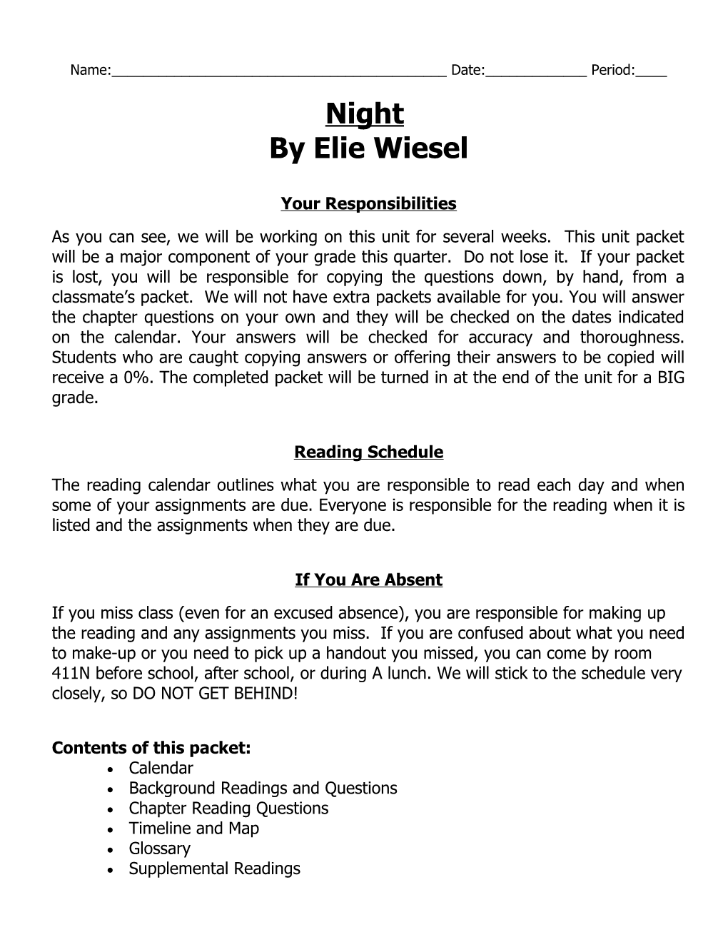 Section I: Reading Schedule