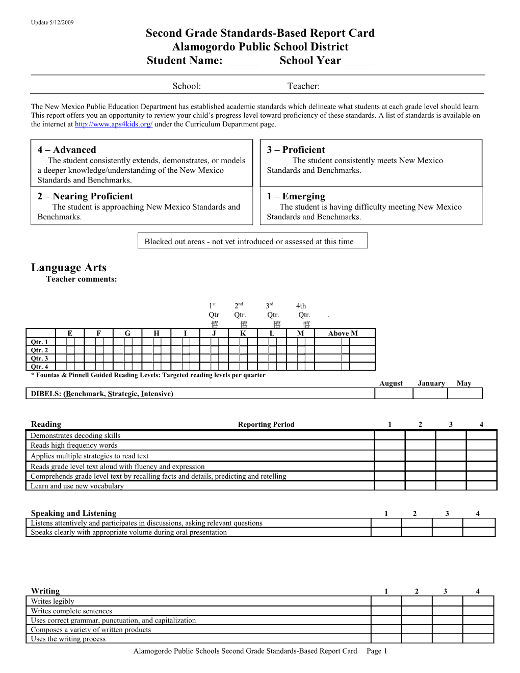 Second Grade Standards-Based Report Card