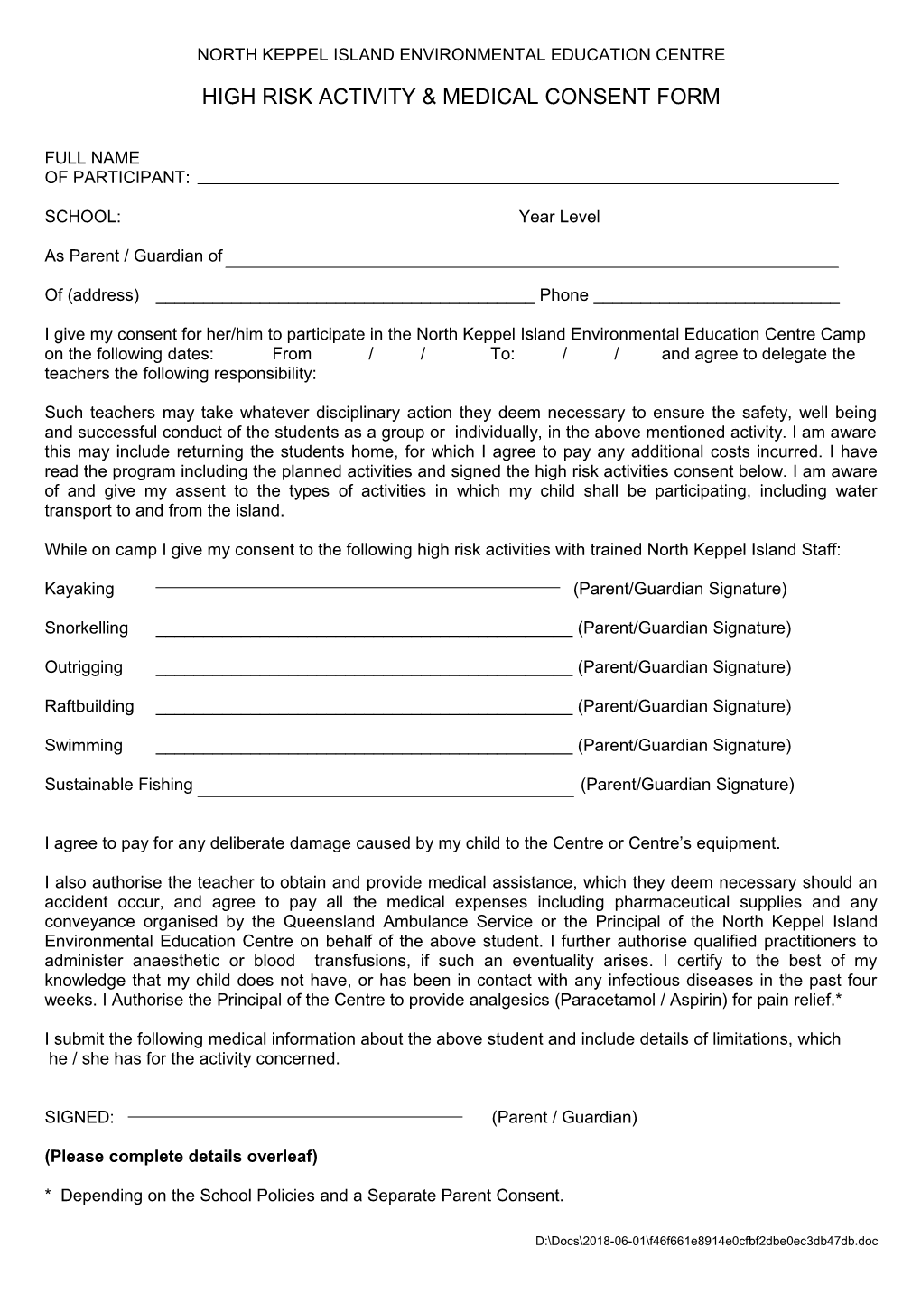 High Risk Activity and Medical Consent Form