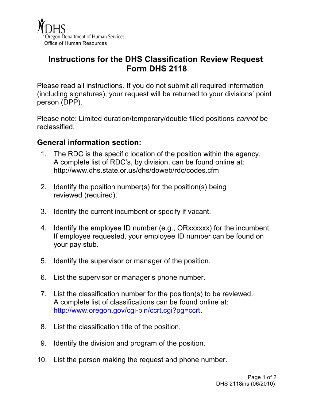 Instructions for the DHS Classification Review Request Form