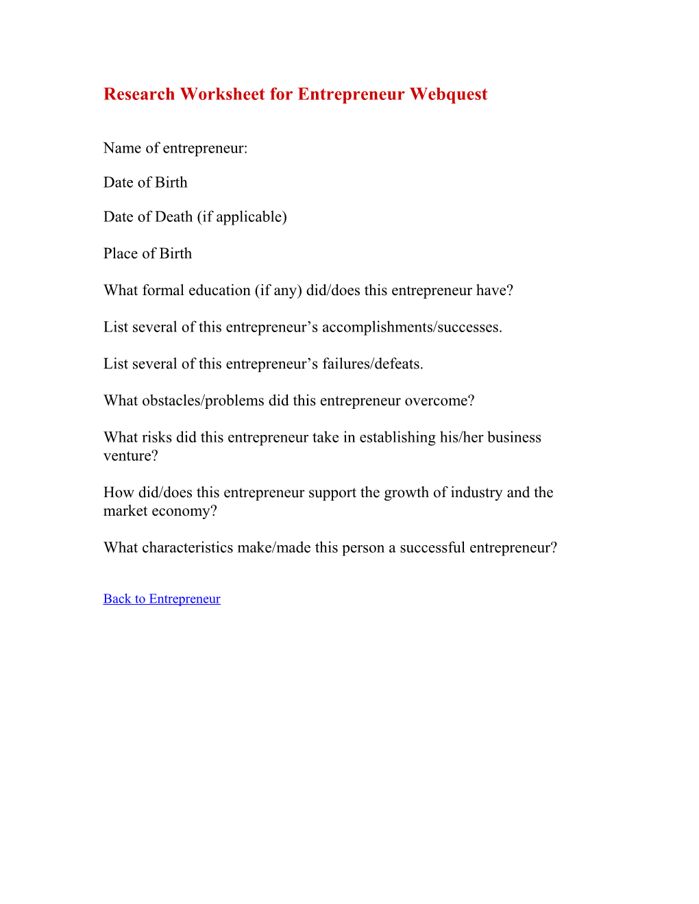 Research Worksheet For Entrepreneur Webquest