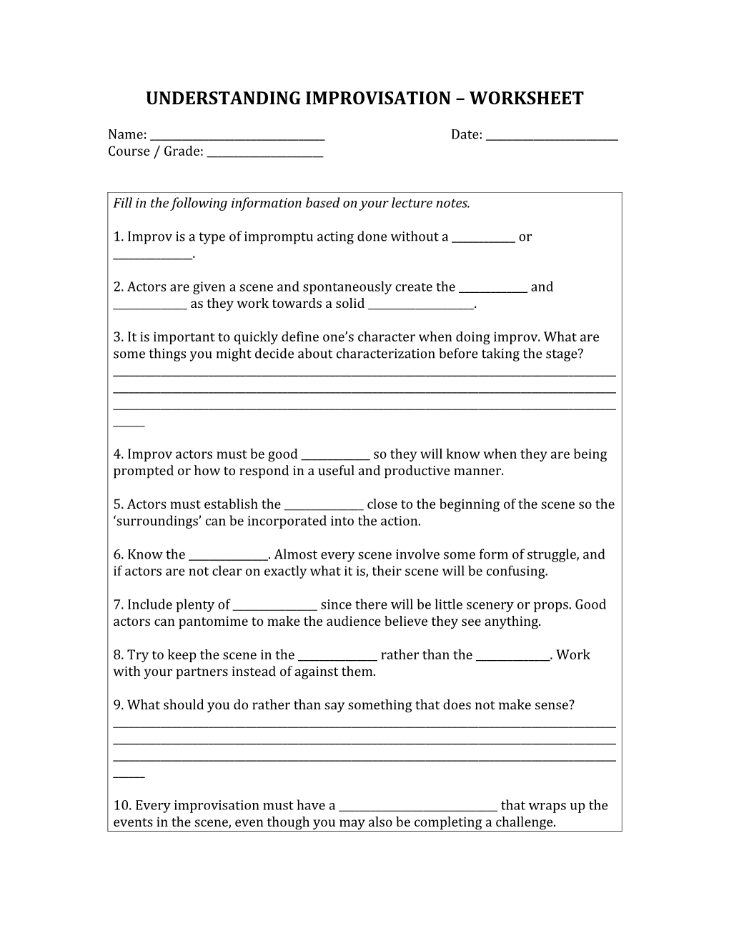 Understanding Improvisation Worksheet