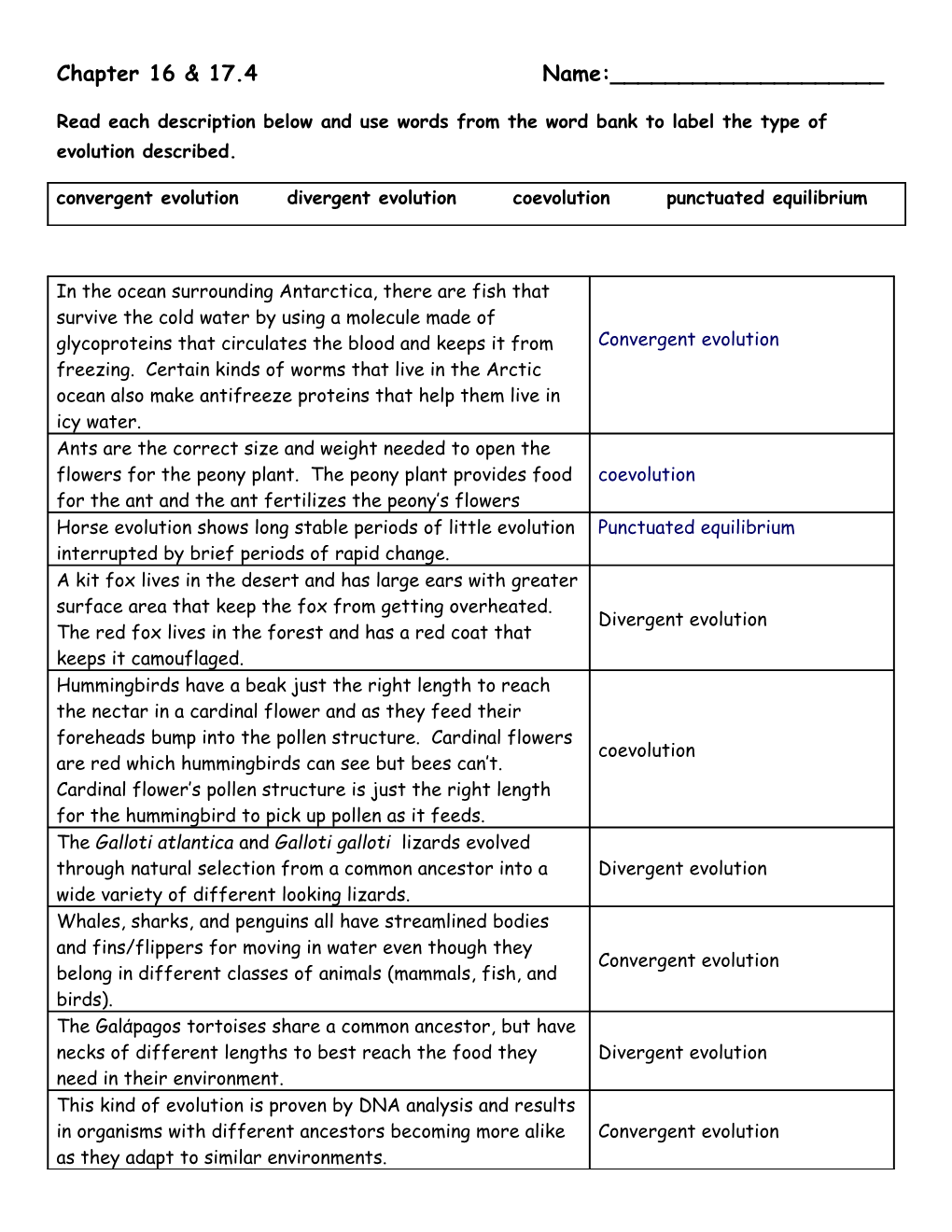 Read Each Description Below and Use Words from the Word Bank to Label the Type of Evolution