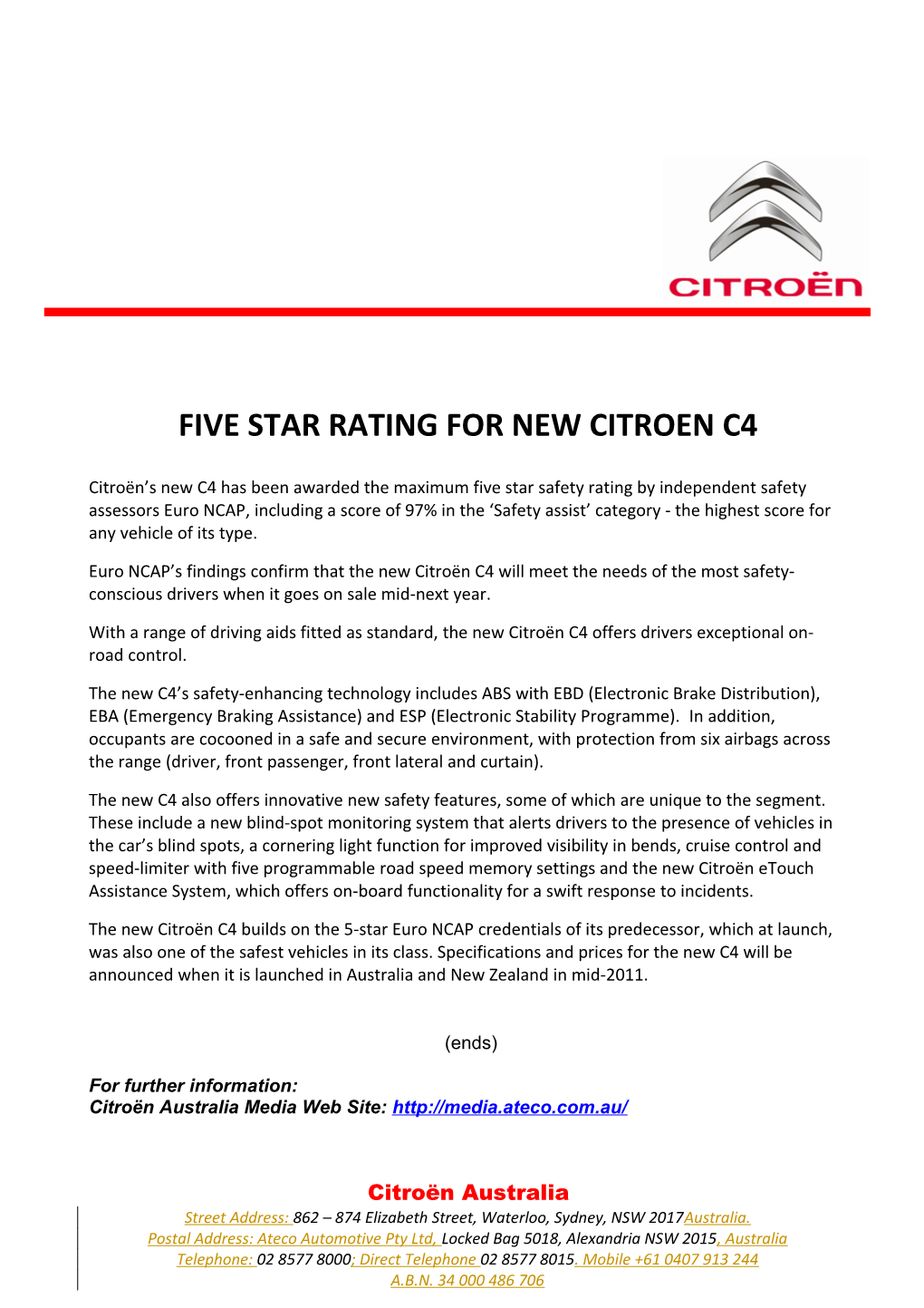 Five Star Rating for New Citroen C4