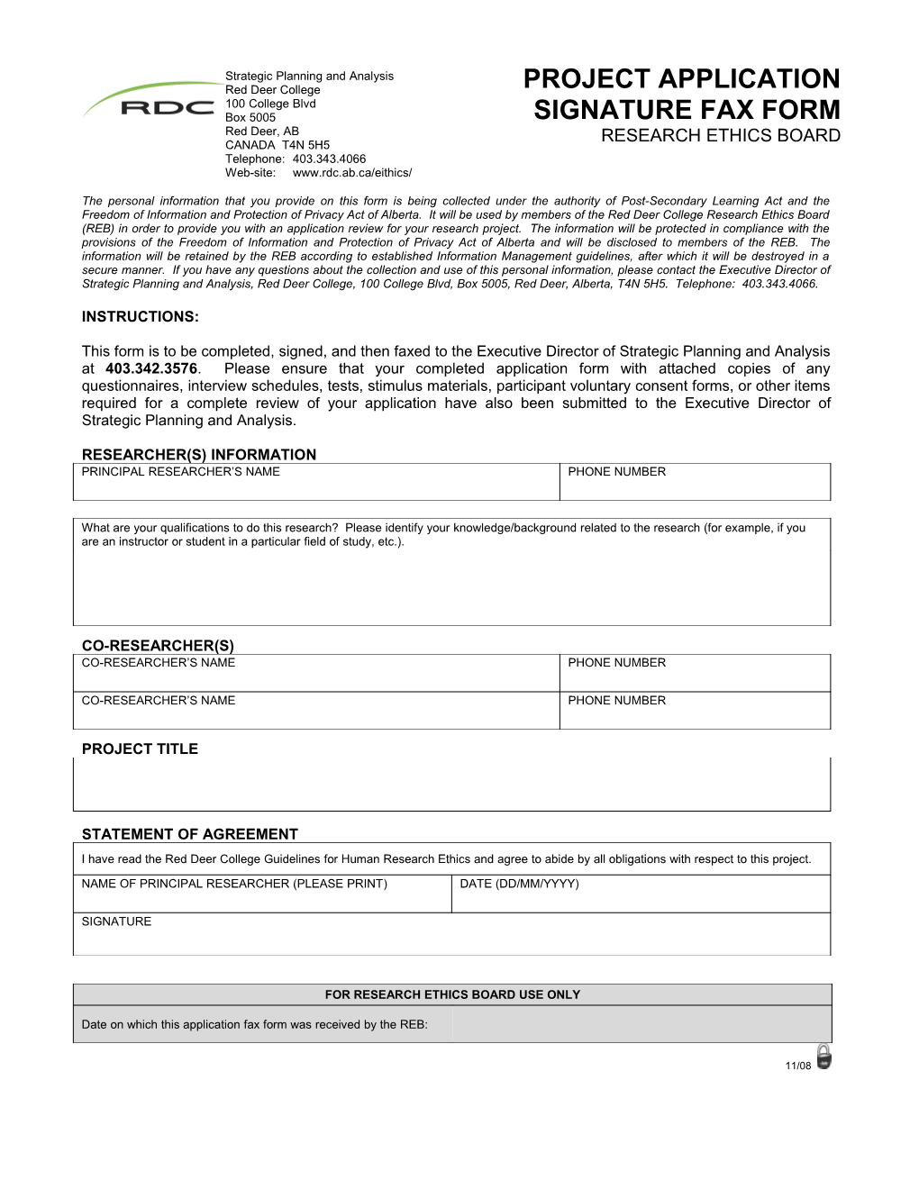 Project Application Signature Fax Form - Research Ethics Board