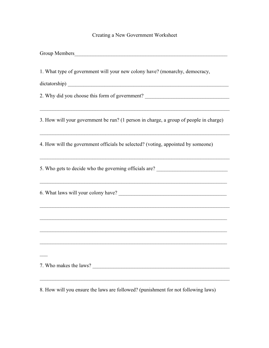 Creating A New Government Worksheet