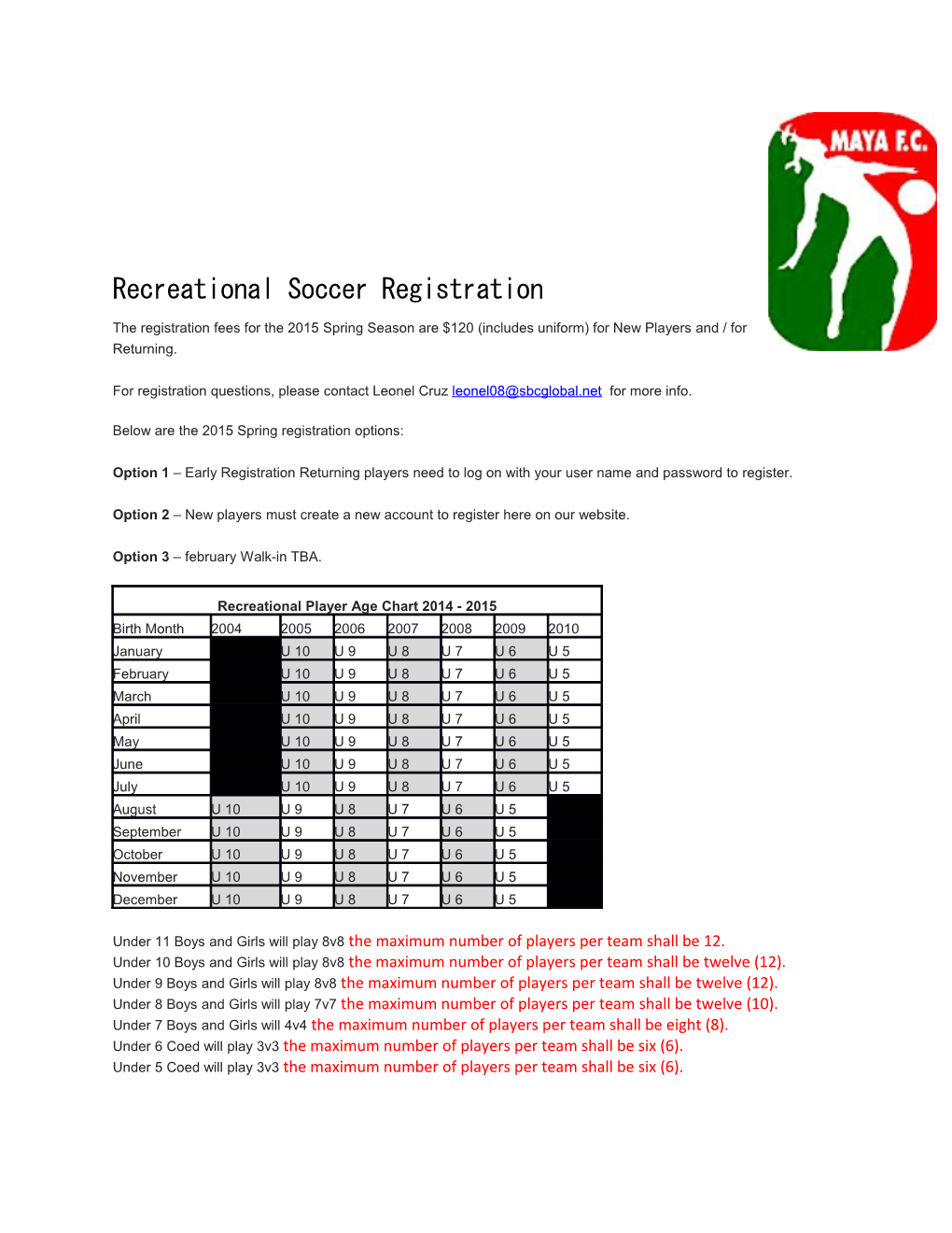 Recreational Soccer Registration