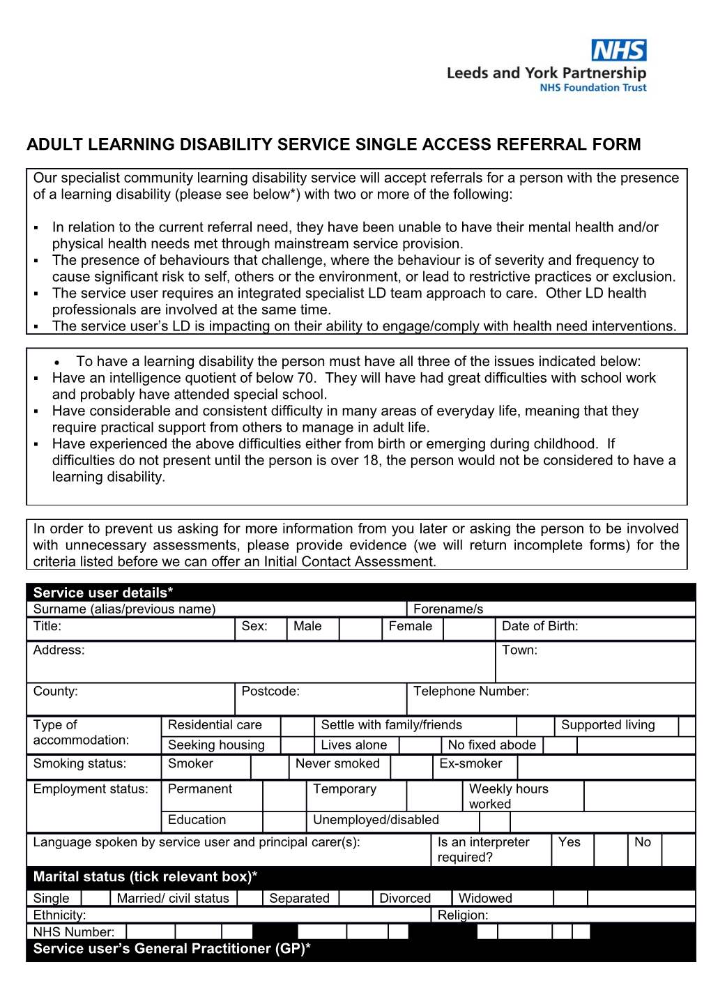 Adult Learning Disability Service Single Access Referral Form