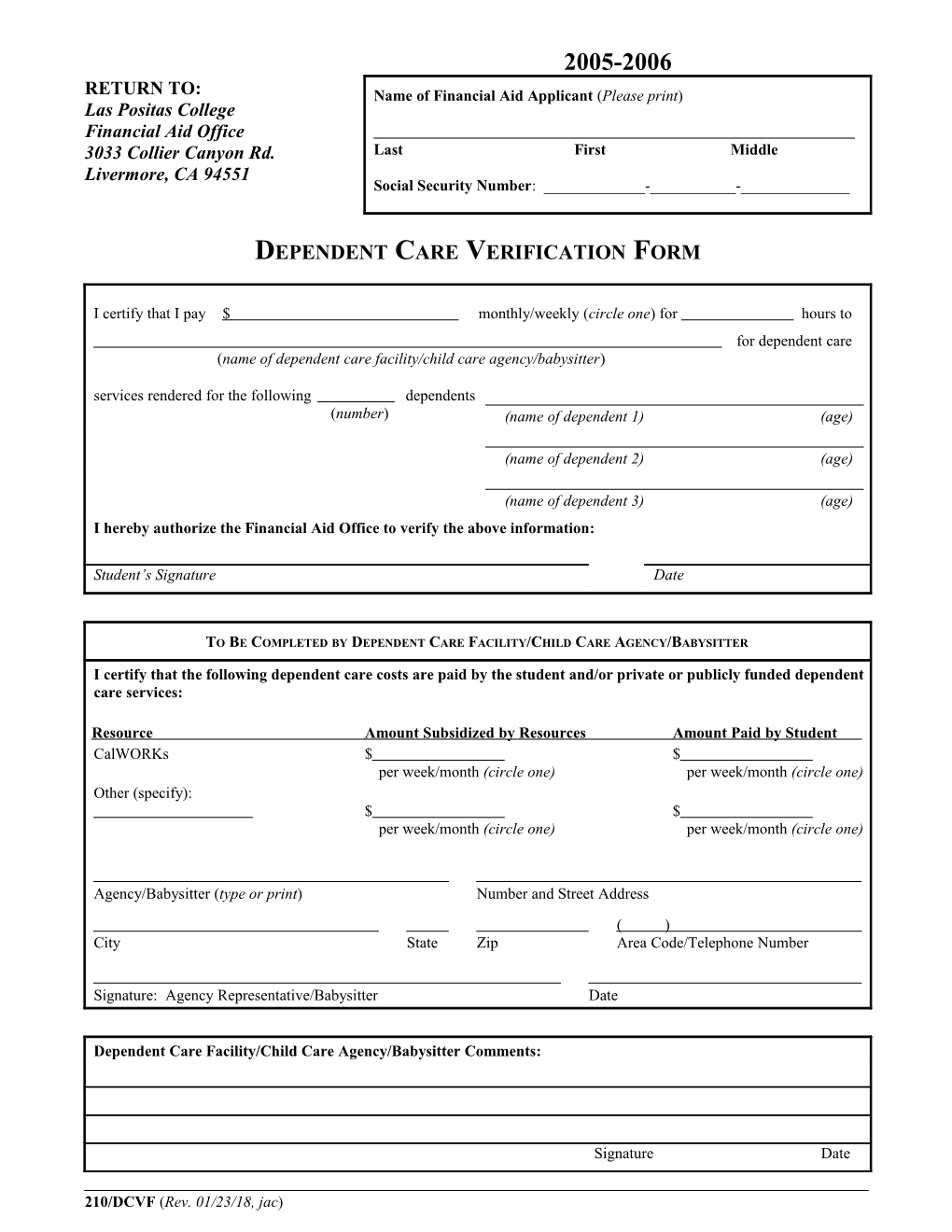 Dependent Care Verification Form