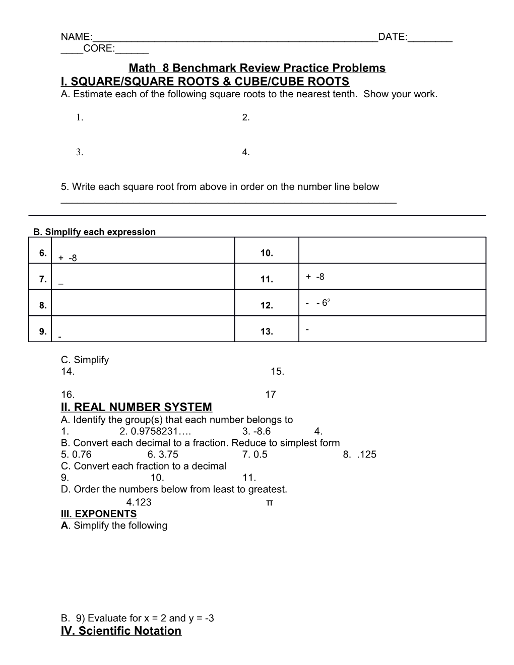 Math 8 Benchmark Review Practice Problems